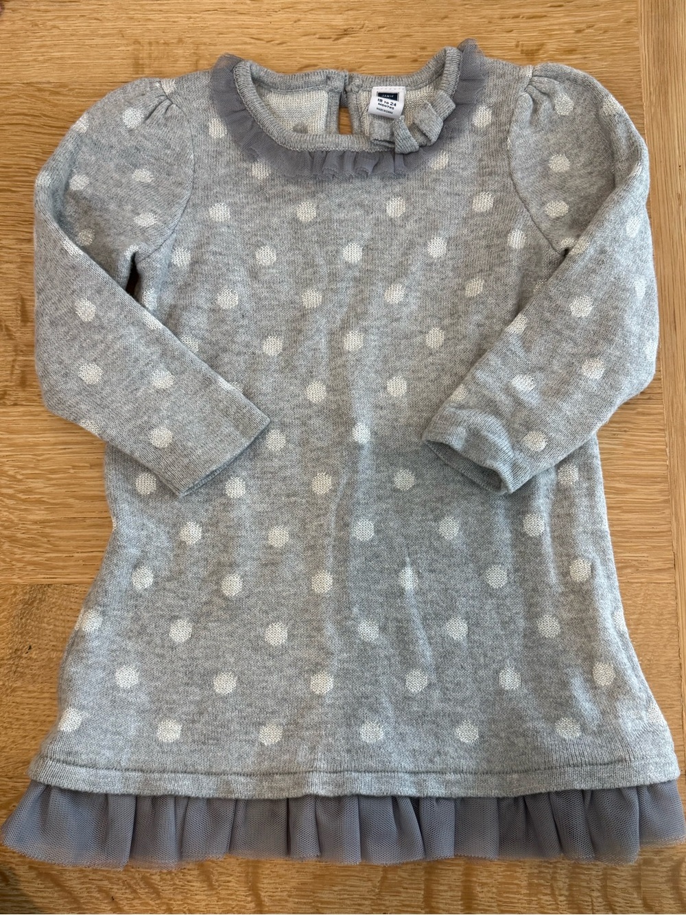 Janie & Jack Girls' Gray Polka Dot Sweater Knit Dress with Tulle Trim 18-24M